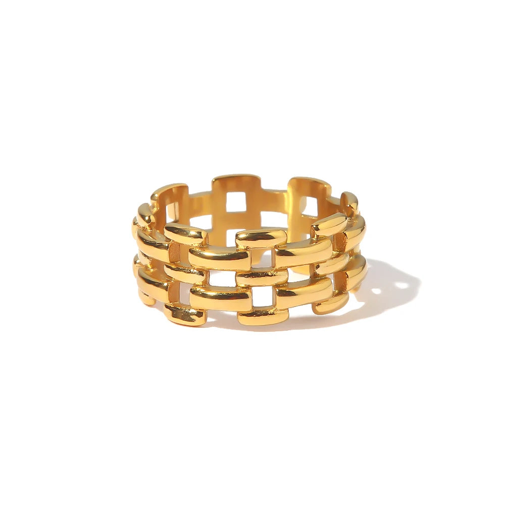 Uworld-Aço Inoxidável 18K Banhado A Ouro Incrustado Shell Anel para Mulheres, Textura De Metal, Jóias De Dedo, Declaração, Moda