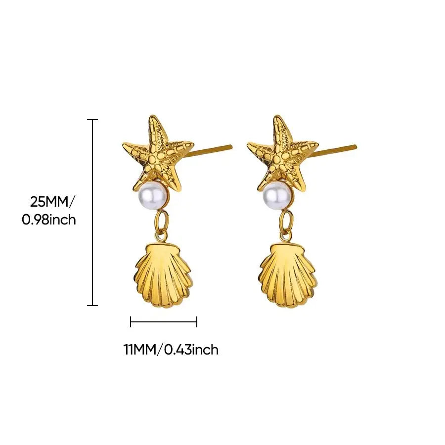 Brincos de estrela do mar concha cor dourada para mulheres brincos de coração geométrico de aço inoxidável 2025 tendência piercing de orelha joias à prova d'água