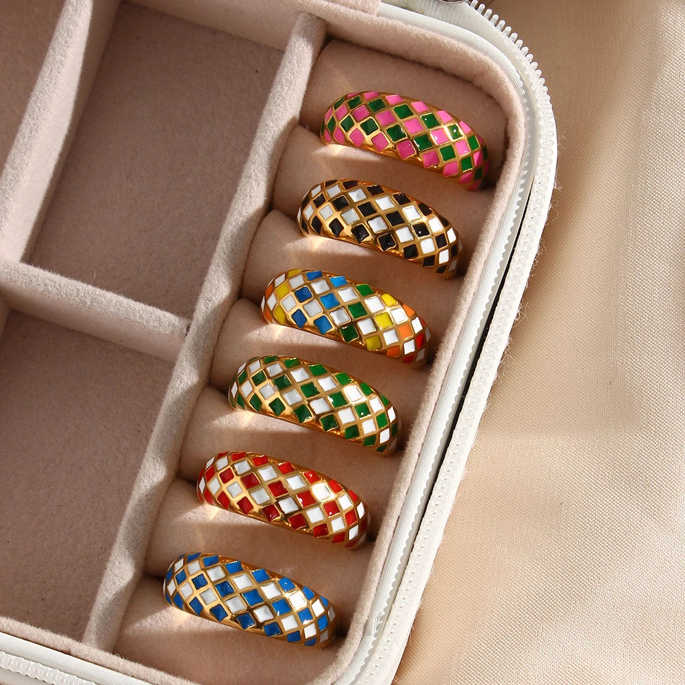 E.B. Belle-Stainless Steel Enamel Checker Rings para mulheres, joias geométricas, design colorido, sem manchas, rosa, verde, amarelo, azul