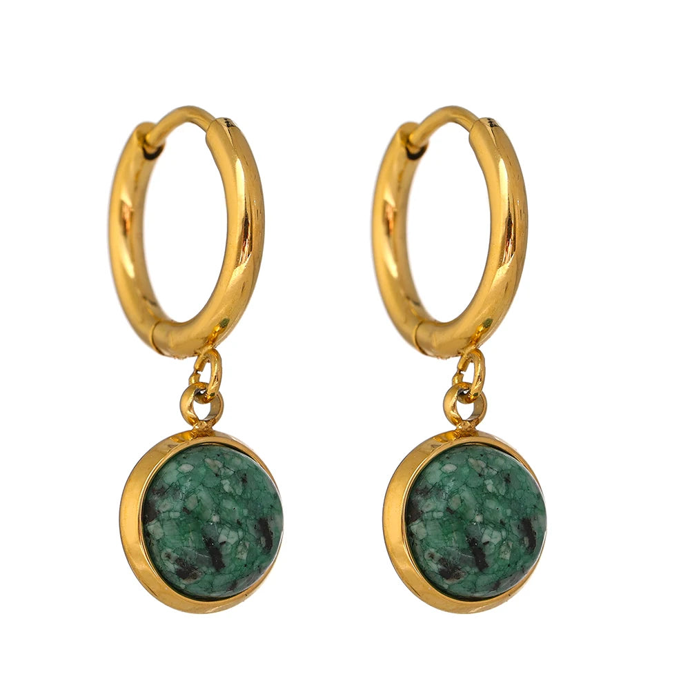 Yhpup brincos de argola de pedra natural verde de aço inoxidável novo metal dourado geométrico charme joias joyeria acero inoxidável mujer