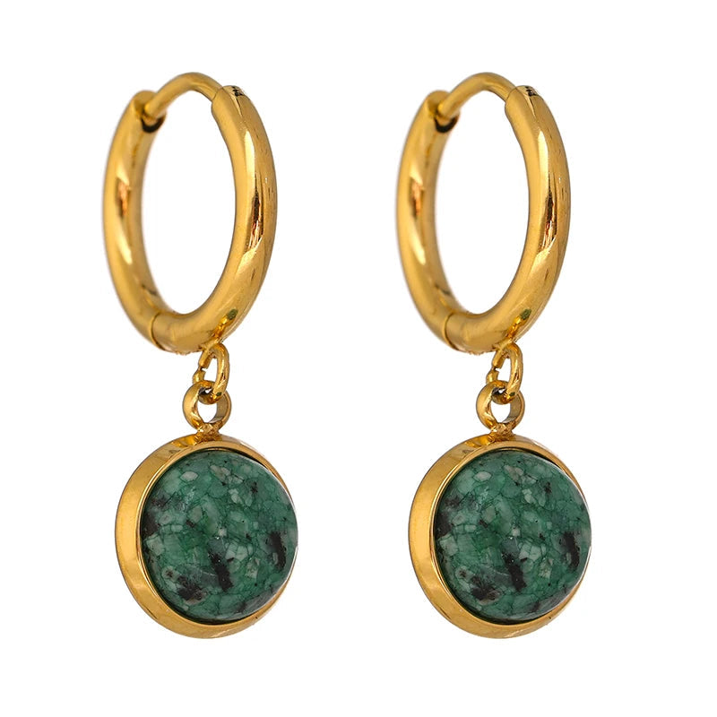 Yhpup brincos de argola de pedra natural verde de aço inoxidável novo metal dourado geométrico charme joias joyeria acero inoxidável mujer