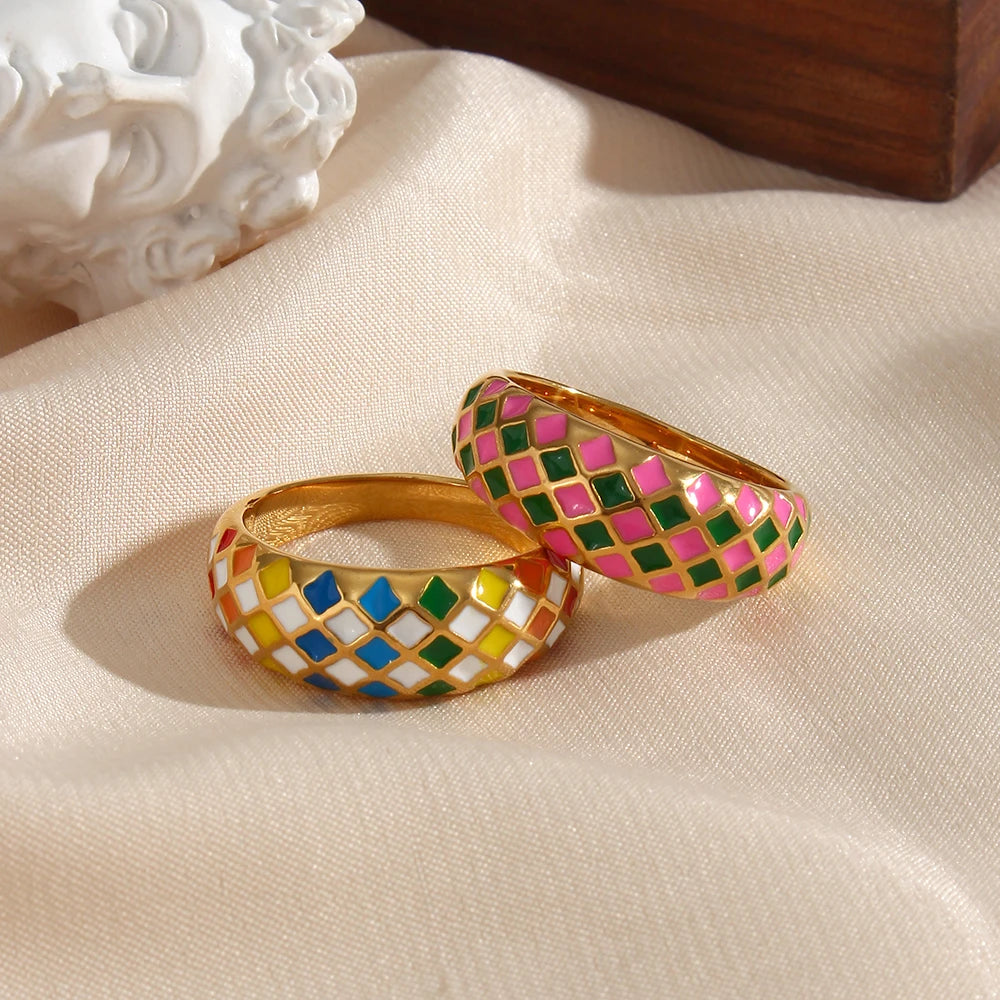 E.B. Belle-Stainless Steel Enamel Checker Rings para mulheres, joias geométricas, design colorido, sem manchas, rosa, verde, amarelo, azul