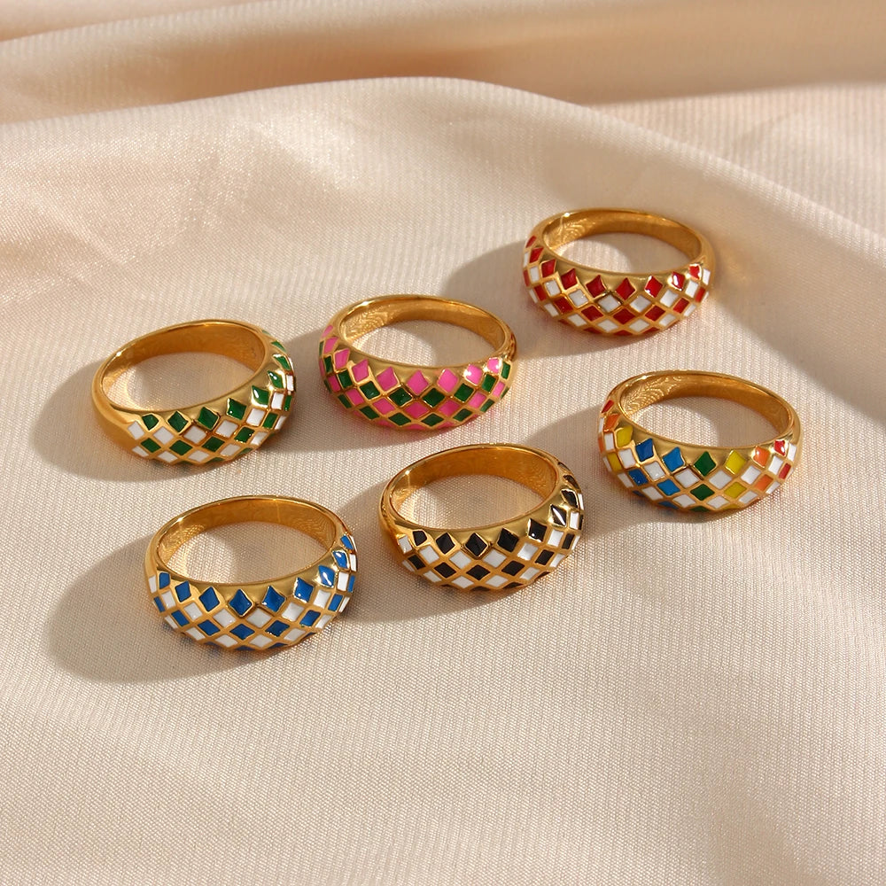 E.B. Belle-Stainless Steel Enamel Checker Rings para mulheres, joias geométricas, design colorido, sem manchas, rosa, verde, amarelo, azul