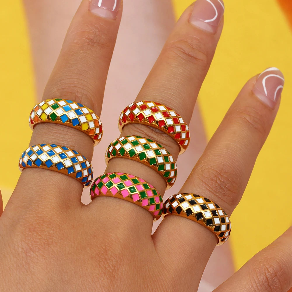 E.B. Belle-Stainless Steel Enamel Checker Rings para mulheres, joias geométricas, design colorido, sem manchas, rosa, verde, amarelo, azul