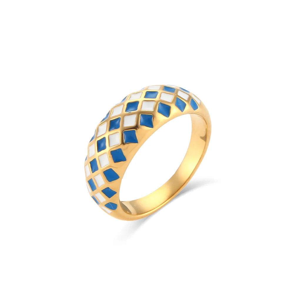 E.B. Belle-Stainless Steel Enamel Checker Rings para mulheres, joias geométricas, design colorido, sem manchas, rosa, verde, amarelo, azul