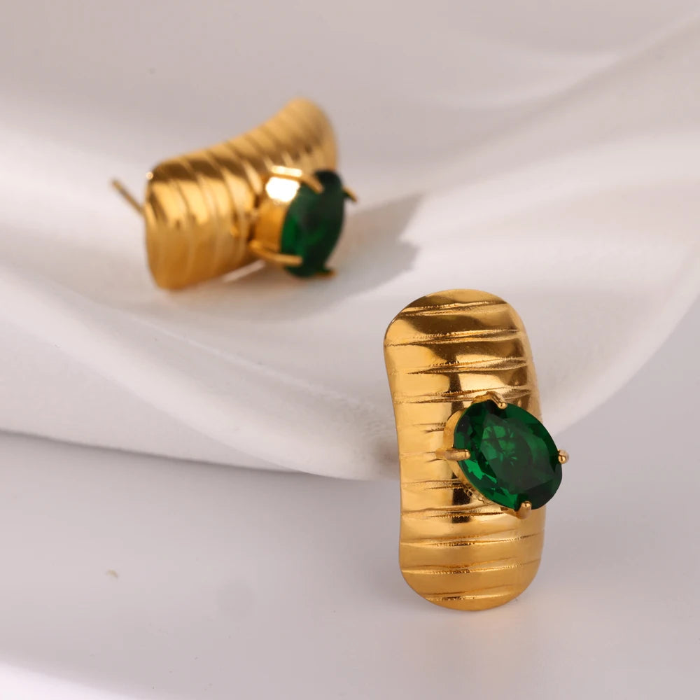 Vintage verde oval zircão lagarta brincos para mulheres de aço inoxidável cor ouro piering brincos 2025 tendência jóias de casamento