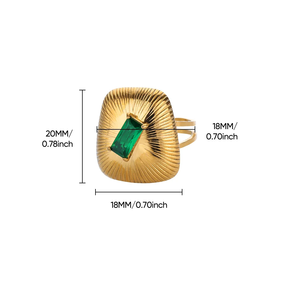 Anéis quadrados irregulares verdes de zircônia para mulheres, cor dourada, abertura de aço inoxidável, imitação de pérola, joias de casamento de natal