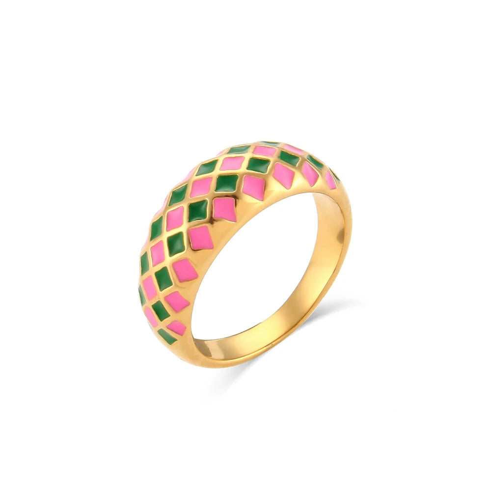 E.B. Belle-Stainless Steel Enamel Checker Rings para mulheres, joias geométricas, design colorido, sem manchas, rosa, verde, amarelo, azul