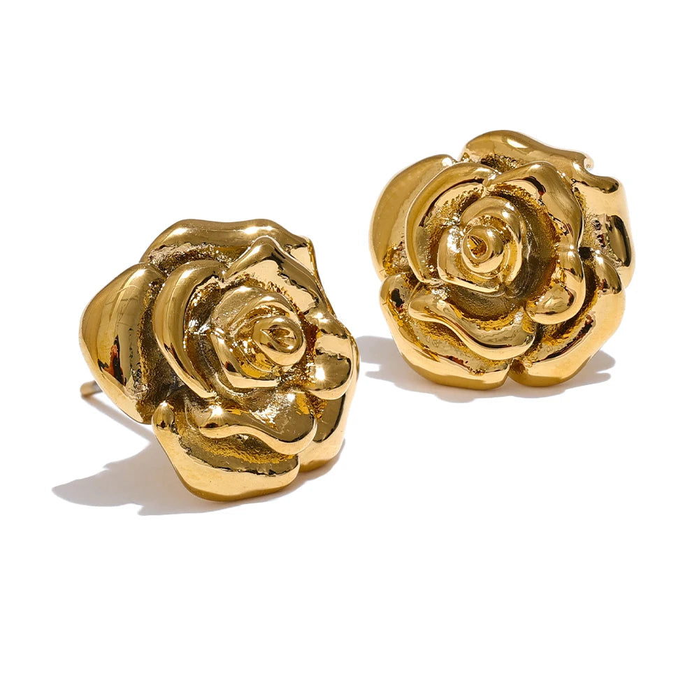 Yhpup-Brincos impermeáveis de flores rosas de aço inoxidável para mulheres, textura elegante, joias banhadas a ouro