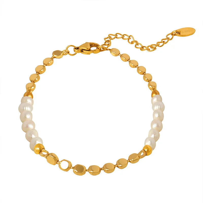 Pulsera de Perlas Naturales de Acero Chapado en Oro de 18K 