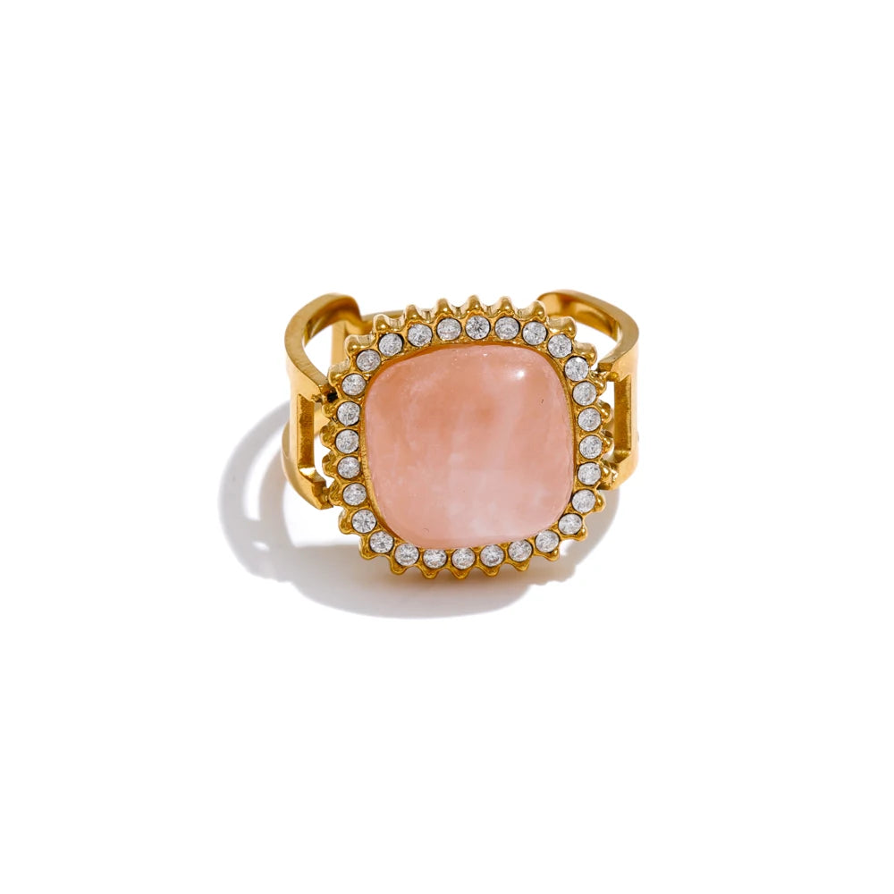 Anillo cuadrado abierto con piedra malaquita y cristal rosa y circonitas