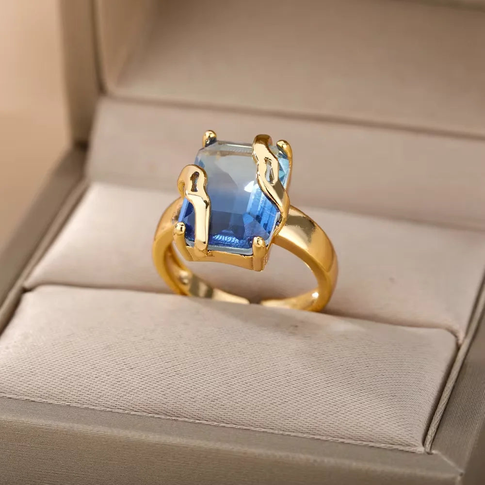 Zircão Cúbico Azul Quadrado Anéis de Pedra para Mulheres, Elegante Luxo Anel de Dedo, Festa Estética, Presente Da Jóia Do Valentim