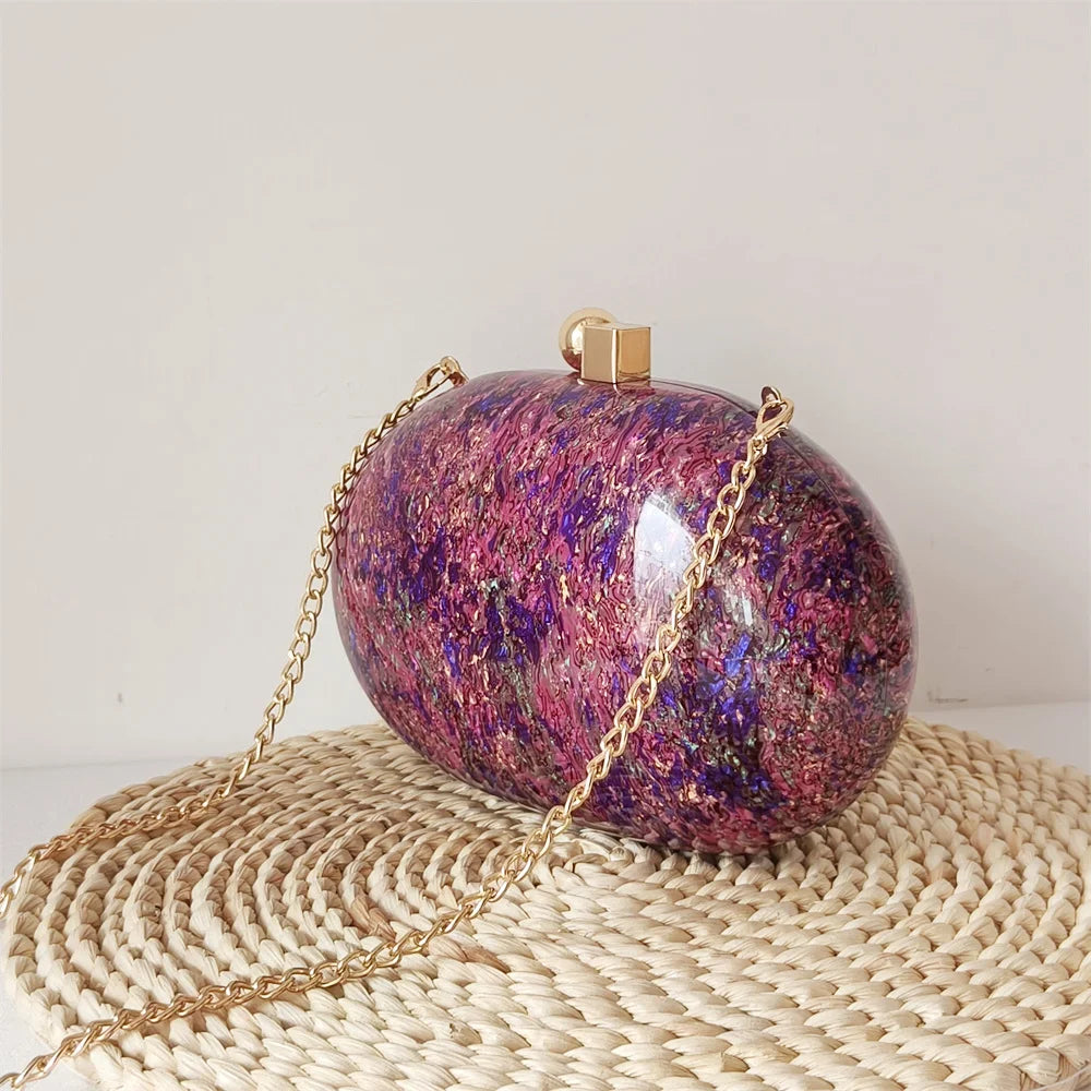 Oval Purple Glitter Party Purse Marca de luxo personalizada, Lady Marble Handbags, Saco de noite, Acrílico Clutch Purse