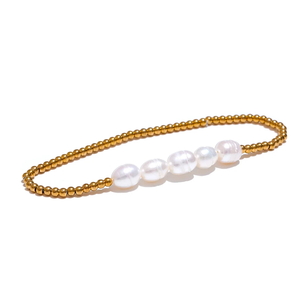 Yhpup-Aço Inoxidável Rodada Beads Cadeia Pulseira, pérolas naturais de água doce, Trendy Bangle, alta qualidade, Chic Jóias