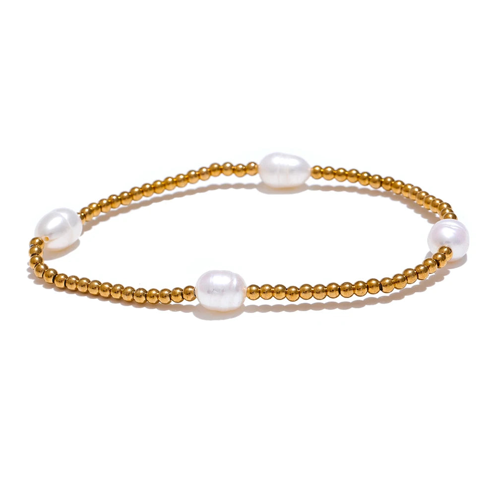 Yhpup-Aço Inoxidável Rodada Beads Cadeia Pulseira, pérolas naturais de água doce, Trendy Bangle, alta qualidade, Chic Jóias