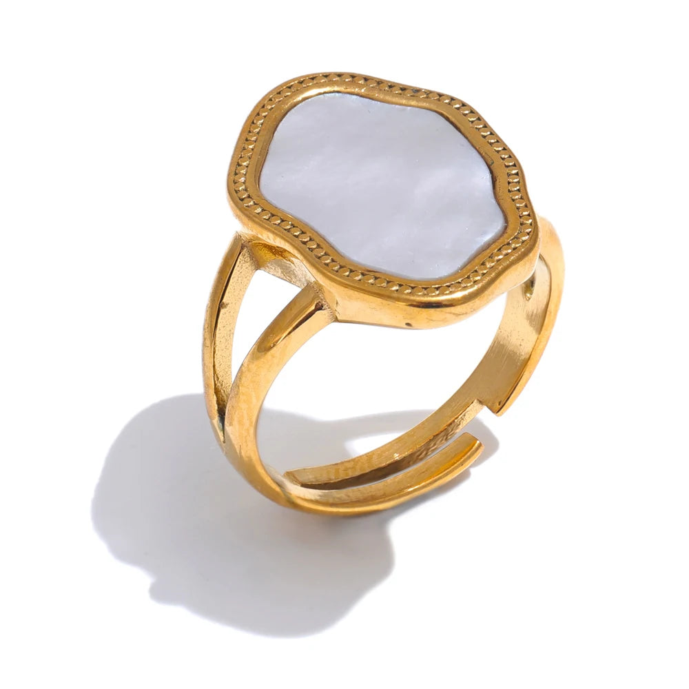 Anillo de concha natural de oro ajustable de acero inoxidable de 18 quilates para mujer