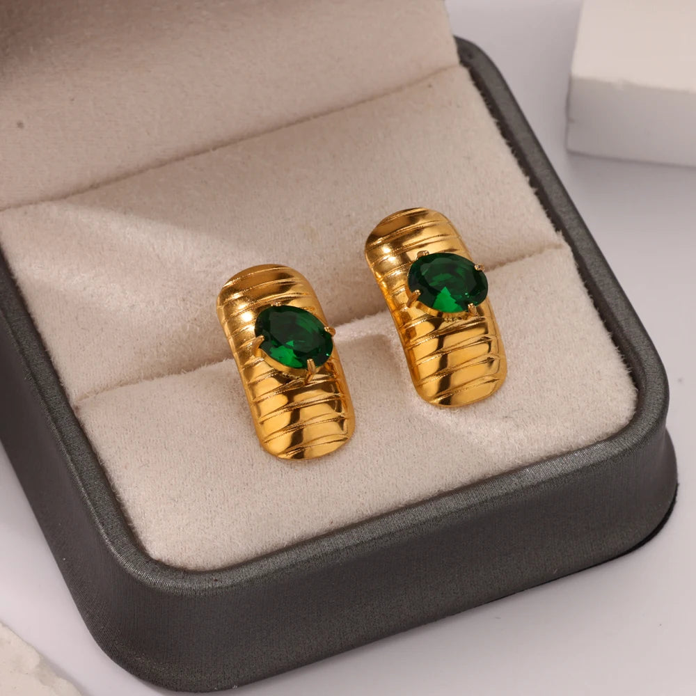 Vintage verde oval zircão lagarta brincos para mulheres de aço inoxidável cor ouro piering brincos 2025 tendência jóias de casamento