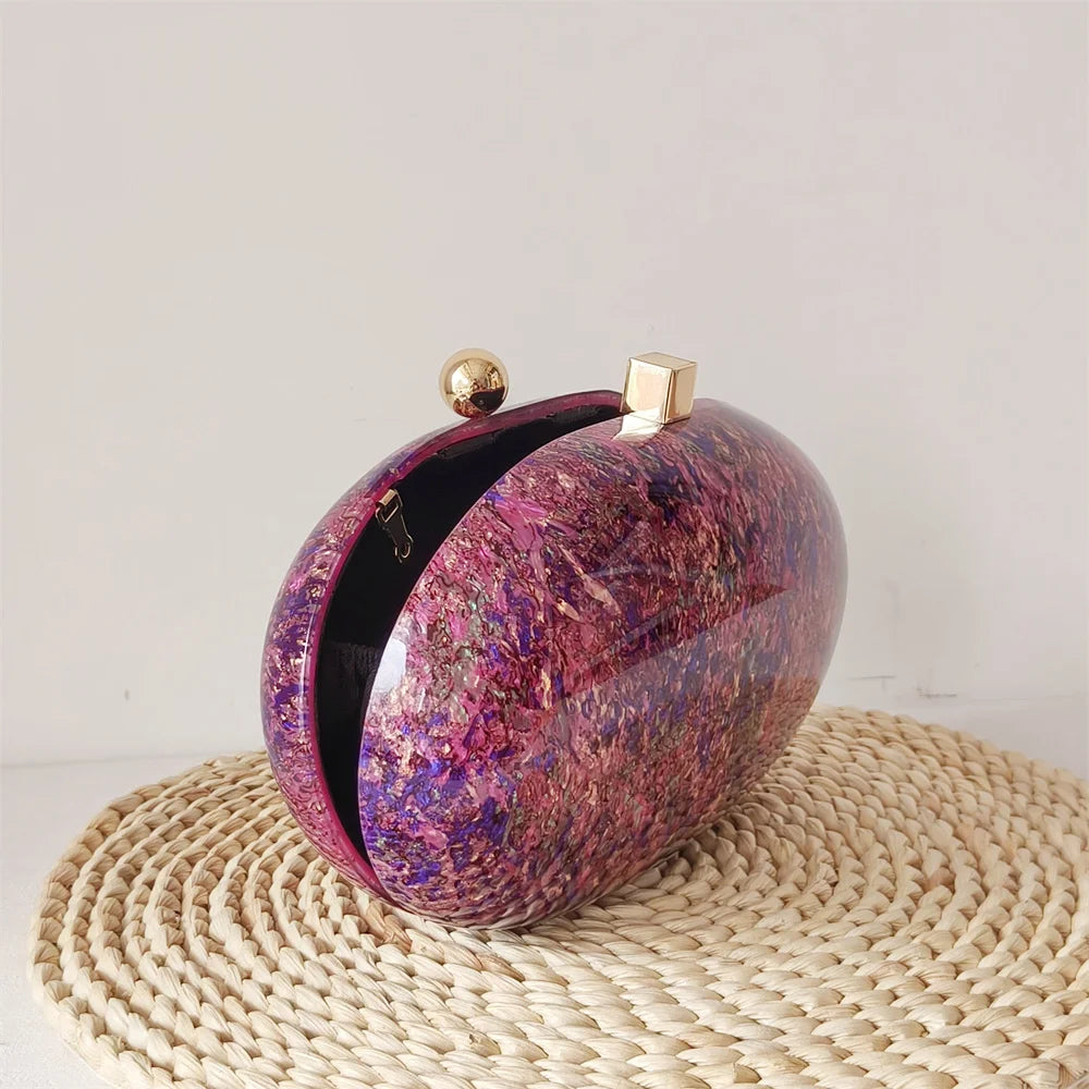 Oval Purple Glitter Party Purse Marca de luxo personalizada, Lady Marble Handbags, Saco de noite, Acrílico Clutch Purse