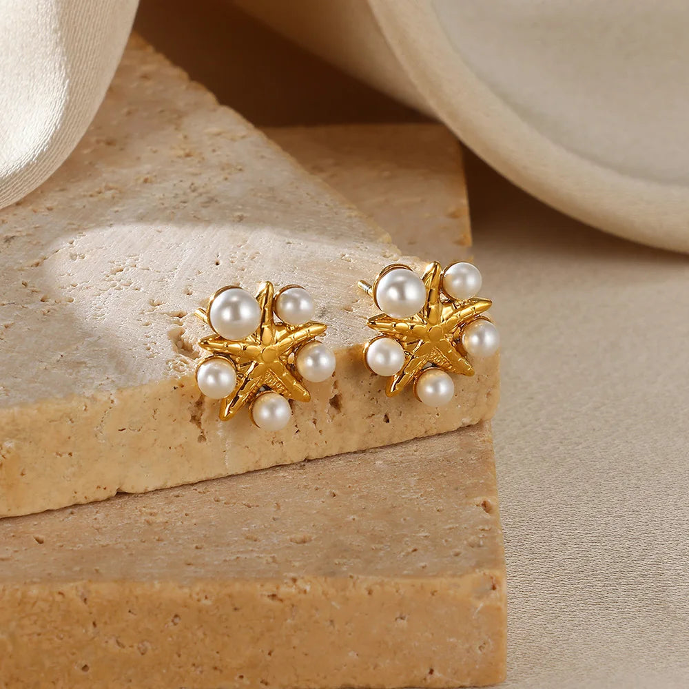 Mini brincos de imitação de pérolas fofas de aço inoxidável para mulheres cor dourada estrela do mar flor aretes joias de aniversário de casamento presente