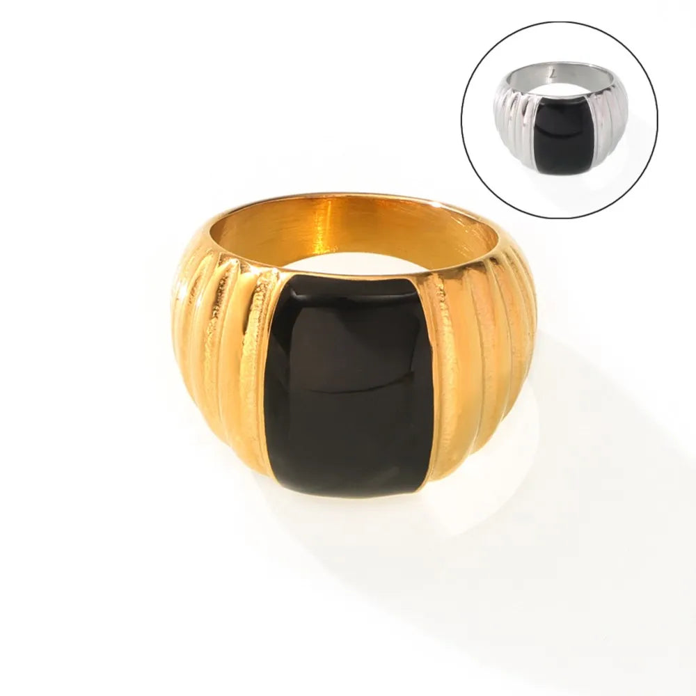 Anel de esmalte preto para mulheres, estilo gótico, aço inoxidável, banhado a ouro, anel grande, designer de luxo, acessórios para jóias, moda, 316L