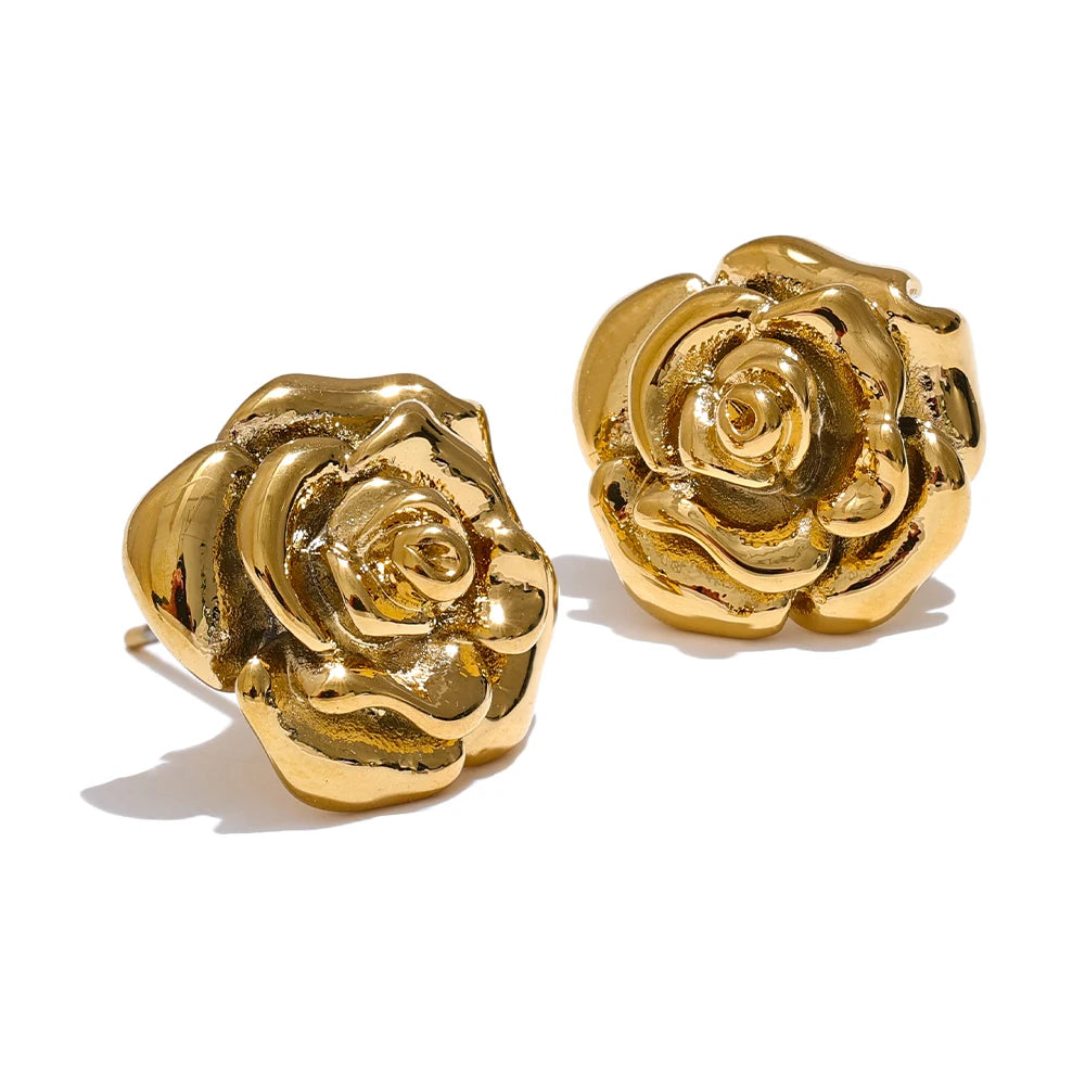 Yhpup-Brincos impermeáveis de flores rosas de aço inoxidável para mulheres, textura elegante, joias banhadas a ouro