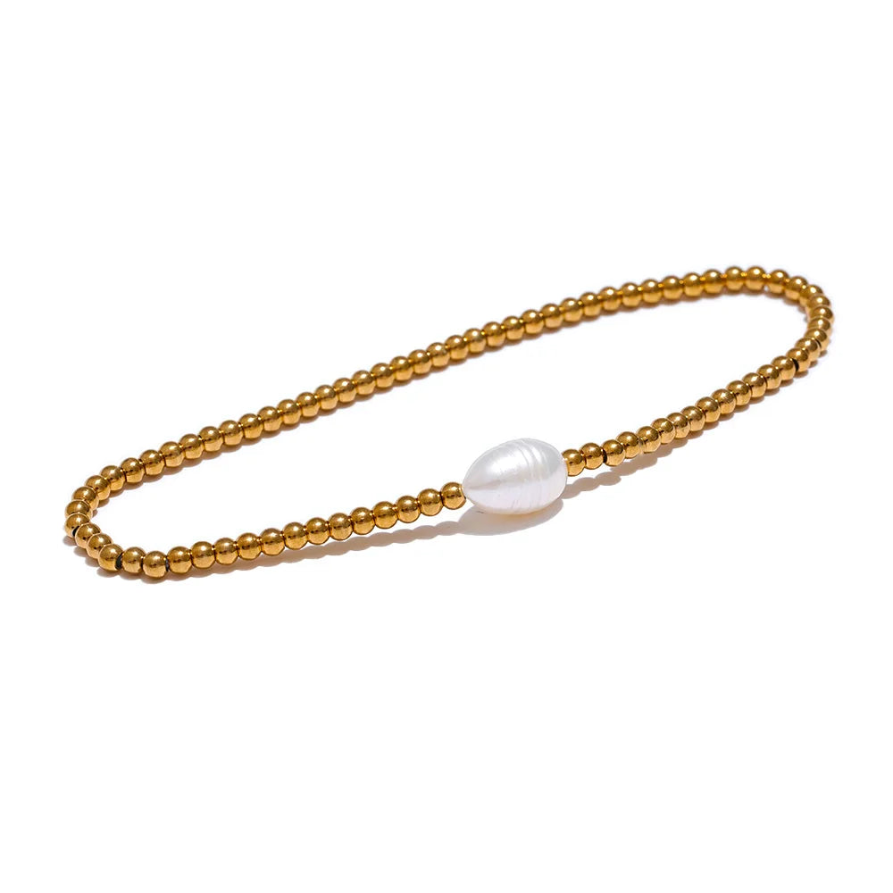 Yhpup-Aço Inoxidável Rodada Beads Cadeia Pulseira, pérolas naturais de água doce, Trendy Bangle, alta qualidade, Chic Jóias