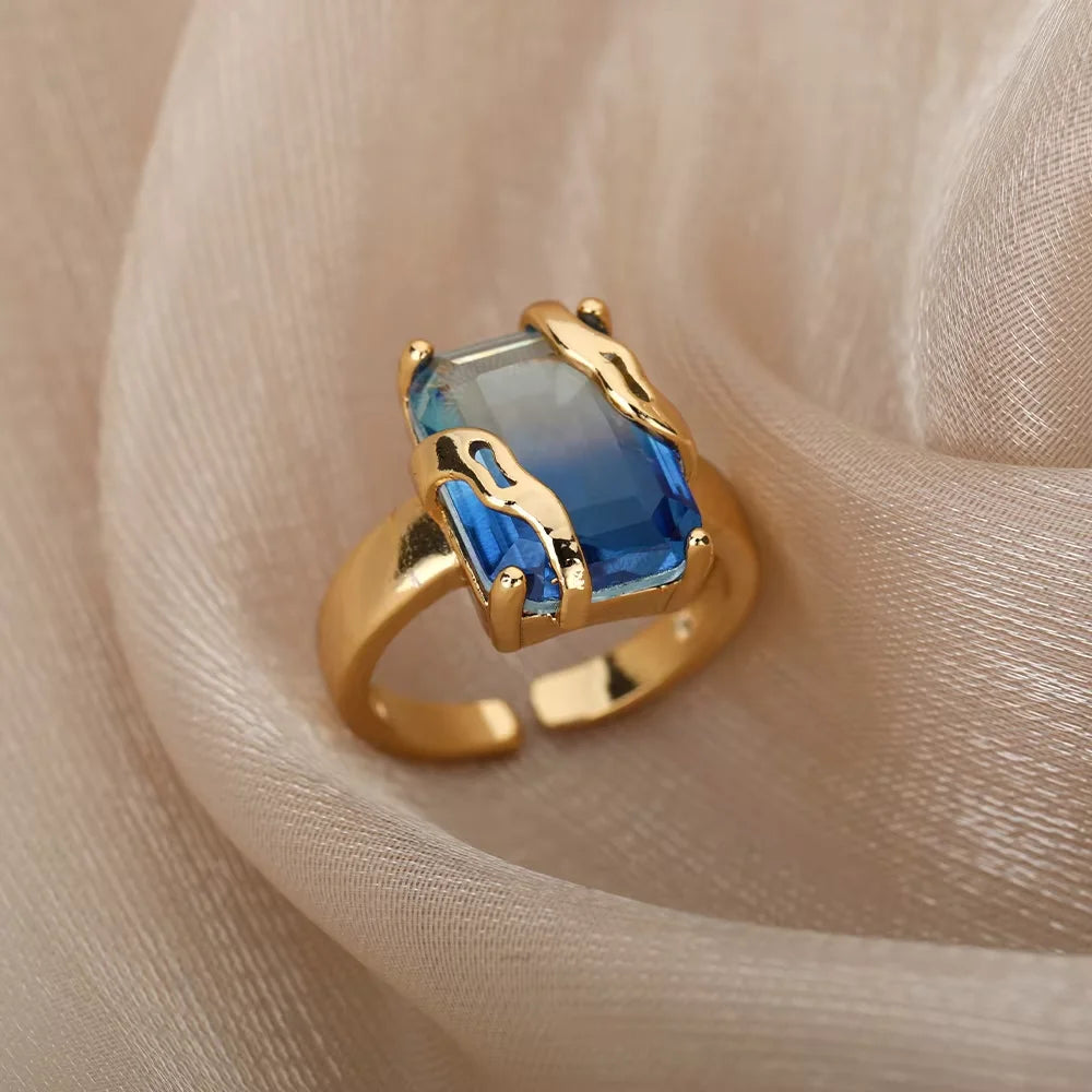 Zircão Cúbico Azul Quadrado Anéis de Pedra para Mulheres, Elegante Luxo Anel de Dedo, Festa Estética, Presente Da Jóia Do Valentim