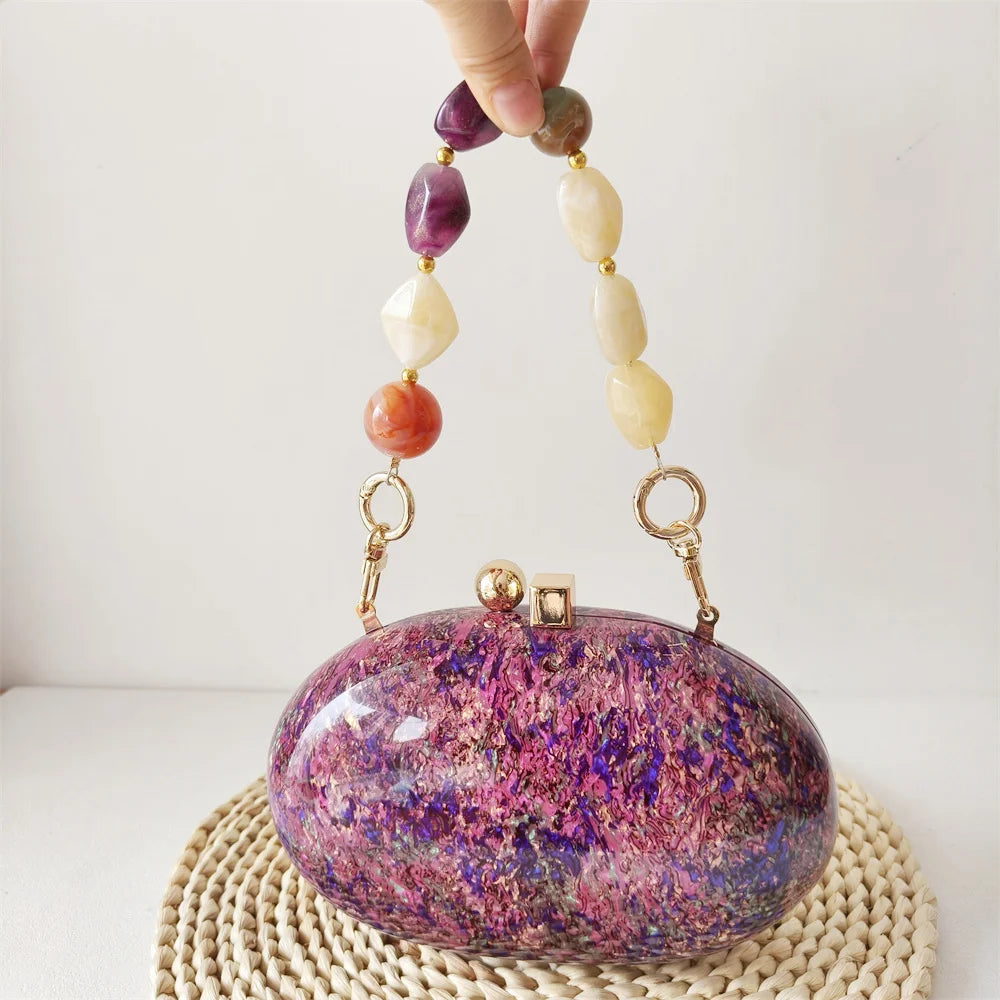 Oval Purple Glitter Party Purse Marca de luxo personalizada, Lady Marble Handbags, Saco de noite, Acrílico Clutch Purse