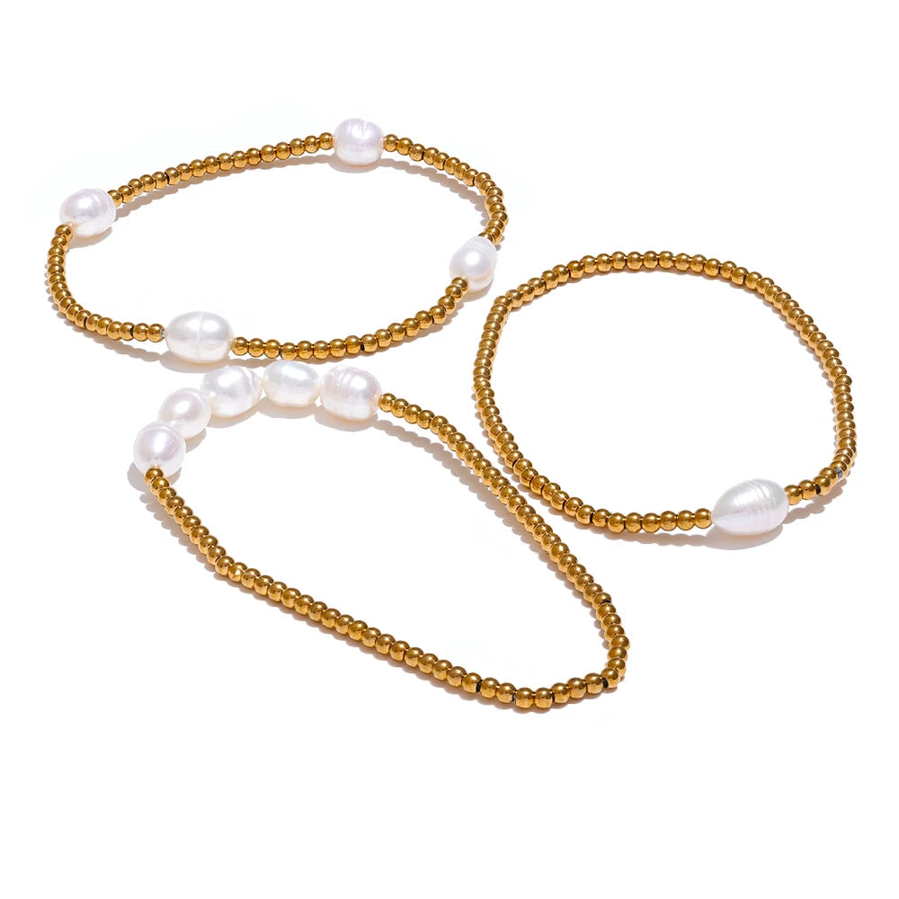 Yhpup-Aço Inoxidável Rodada Beads Cadeia Pulseira, pérolas naturais de água doce, Trendy Bangle, alta qualidade, Chic Jóias