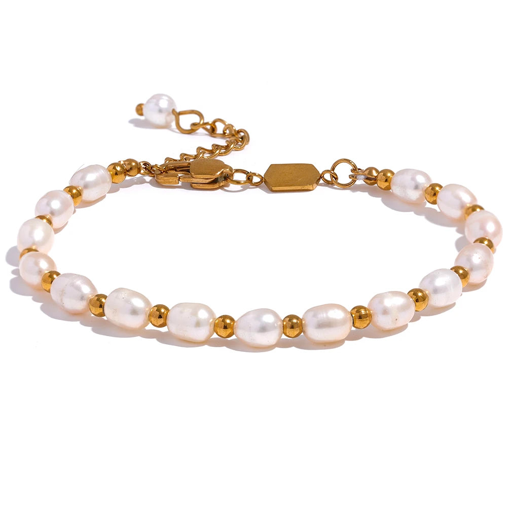 Yhpup-Pulseira Natural Pérolas de Água Doce para Mulheres, Pulseira Artesanal, Encantos PVD Impermeáveis, Contas de Aço Inoxidável, Presente Da Jóia